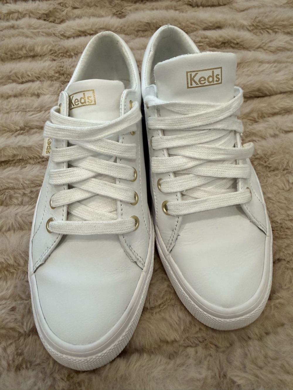 Keds White Leather Sneakers with Gold Accents